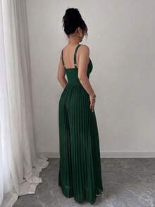 SHEIN Elenzya 女款無袖細肩帶收腰百褶優雅浪漫精緻連身褲 - 墨綠色 - 查看 3