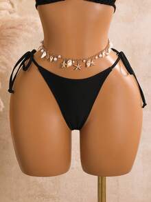 Swim Mod Conjunto de 3 piezas de bikini para mujer con top triangular y braguita triangular, nuevo, negro, con patrón de mariposa y pedrería - Negro - Ver 6