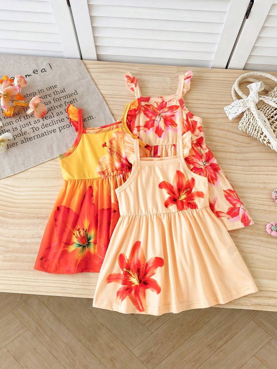 SHEIN 3件組女嬰黑色與玫瑰紅豹紋花卉細肩帶洋裝套裝,適合街頭穿搭、旅行、度假 - 黃色 - 查看 1