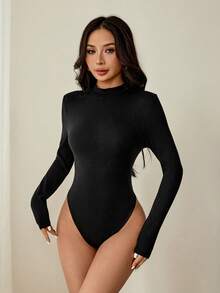 SHEIN PETITE Women Stand Collar Long Sleeve Casual Bodysuit, Fall - Black - View 3