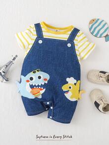 Cozy Pixies Baby Boy Striped Pattern Cartoon Dinosaur Round Neck Short Sleeve Romper - Red - View 3