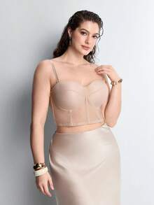 Slumbrini Plus Size Women Beige Mesh Corset Bra - Comfortable Breathable Detachable Strap Design Waist Cincher - Beige - View 6