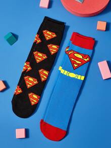 SUPERMAN X SHEIN 2雙女款字母圖案時尚筒襪，適合日常穿著 - 彩色 - 查看 7