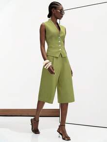 Aveloria Modichic Women's Solid Color Single-Breasted Top And 3/4 Length Pants Casual Elegant Everyday Set Teachers' Day Office Olive Green Summer - Army Green - View 5