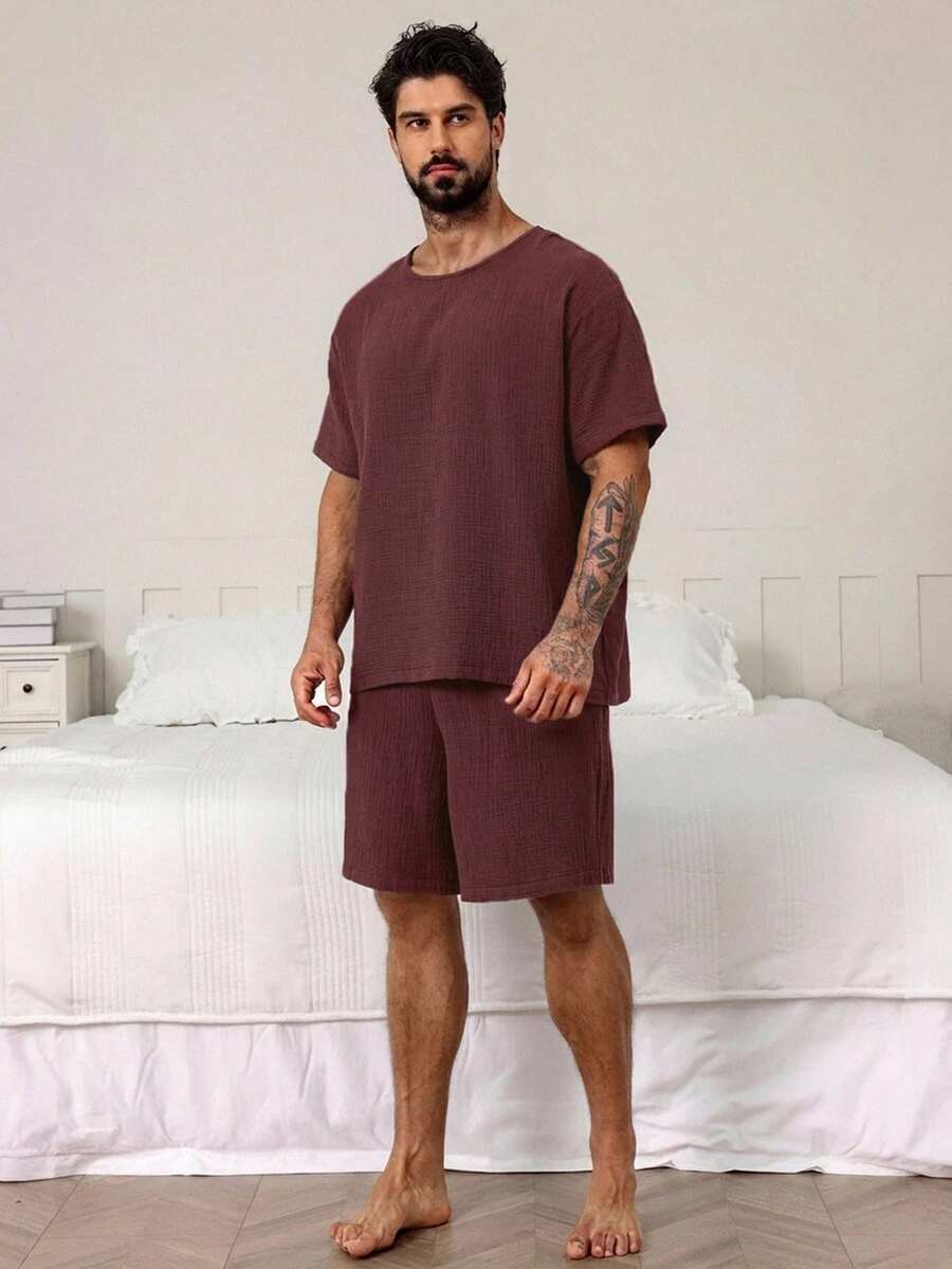 DAZY Men's Summer Solid Color Brown Loungewear Set - Brown - View 1