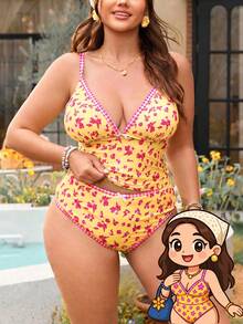 Swim Mod 2026 Spring Summer New Plus Size Tank Bikini Set With Ditsy Floral Plaid Pattern And Bow Trim For Women Beach Vacation Party Yellow Sexy Filipiniana - Multicolor - View 4