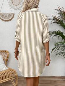 SHEIN Women's Spring/Summer New Striped Casual Vacation Shirt Dress - Coffee - View 2