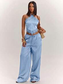 SHEIN BAE 女款蕾絲拼接掛脖上衣與長褲休閒日常套裝 - 淺藍色 - 查看 4