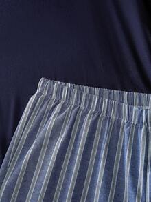 EverLounge 男士基本款休閒灰色條紋圓領短袖T恤與短褲家居服套裝 - 藏蓝色 - 查看 5