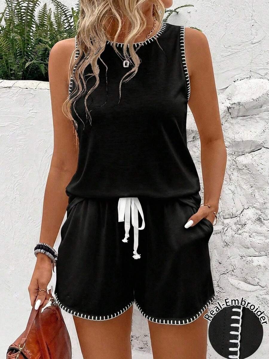 EMERY ROSE Plus Size Women's Round Neck Colorblock Top And Drawstring Waist Shorts Casual Daily 2-Piece Set Formal Holiday Black Summer - Multicolor - View 1