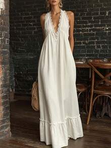 Breezaya Women's Halter Neck Minimalist Boho Elegant Dress Beach Cream White Summer - Apricot - View 2