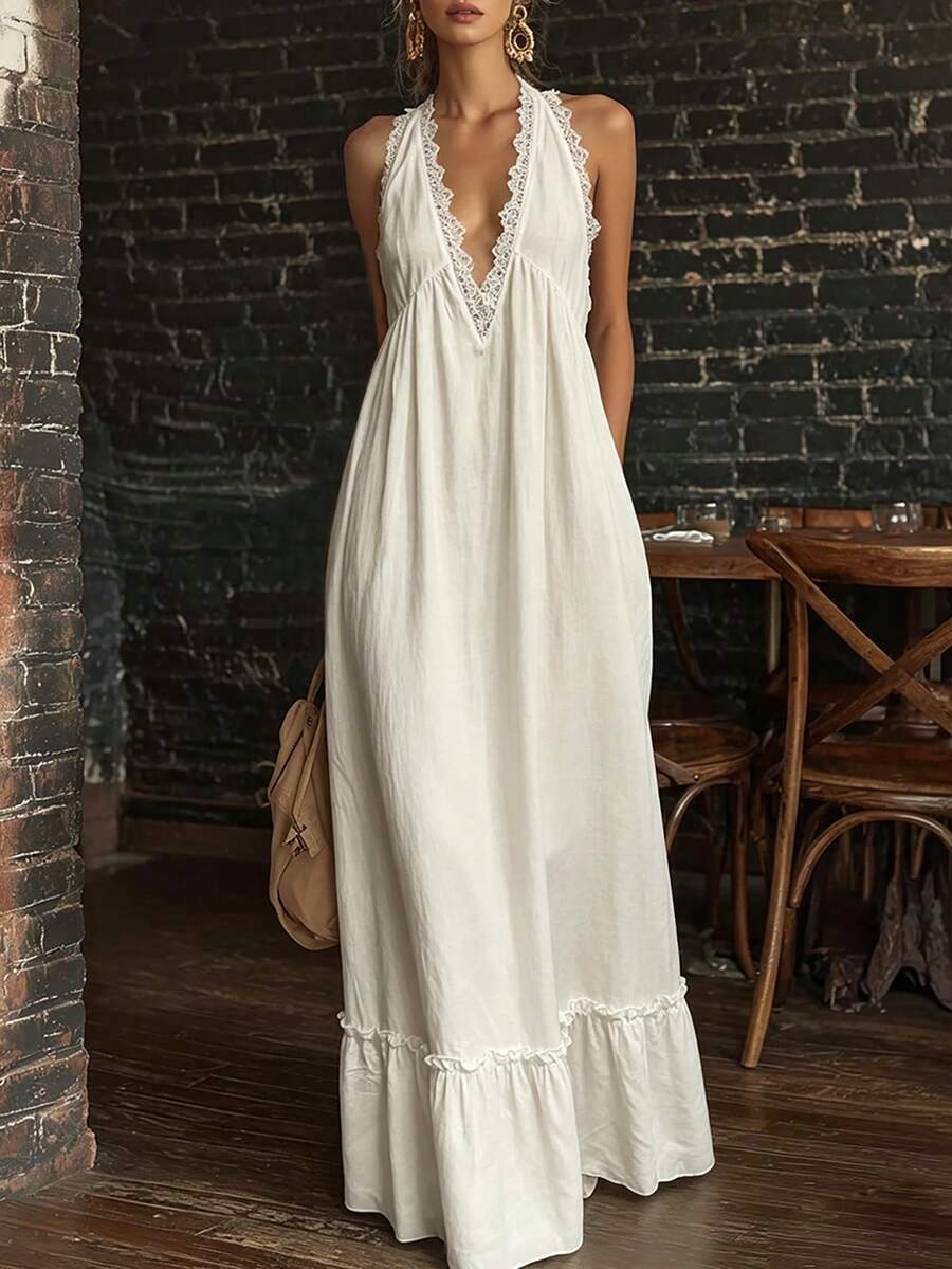 Breezaya Women's Halter Neck Minimalist Boho Elegant Dress Beach Cream White Summer