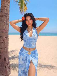 Sweetina 性感花卉印花不對稱金屬裝飾女款背心上衣，適合度假 - 淺藍色 - 查看 5