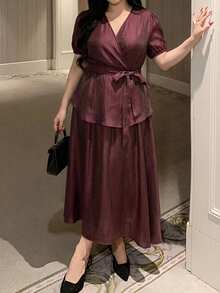 Dazy Plus Spring/Summer Women's Elegant Solid Color V-Neck Belted Shirt & A-Line Skirt 2-Piece Set, Plus Size - Burgundy - View 1