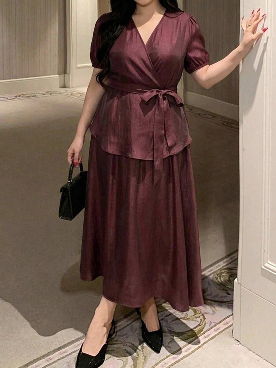 Dazy Plus Spring/Summer Women's Elegant Solid Color V-Neck Belted Shirt & A-Line Skirt 2-Piece Set, Plus Size - Burgundy - View 1