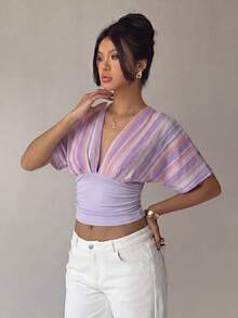 Aloruh Women's Contrast Color Striped Pattern Fashion Elegant Slim Fit T-Shirt Night Out Lavender Summer - Purple - View 5