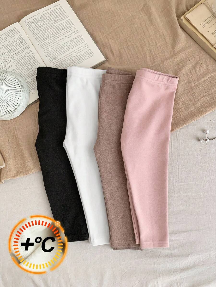 SHEIN LMoss Kids LMoss 4件組女嬰可愛純色彈性腰針織內搭褲,秋冬款 - 白色 - 查看 1