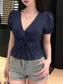 Joudiya 春夏藍色深色花卉刺繡休閒街頭婚宴收腰繫帶前襟短袖女式襯衫 - 藏蓝色 - 查看 3