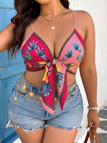 SHEIN VCAY Plus Size Women's Floral Print Pleated Casual Sexy Vacation Travel Camisole Top Beach Beach Vacation Pink Summer - Pink - View 1