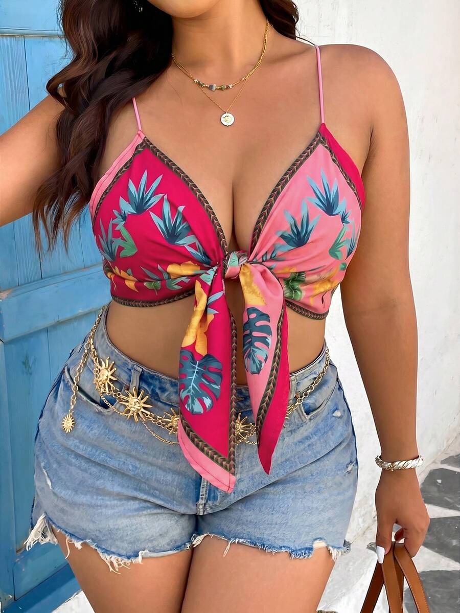 SHEIN VCAY Plus Size Women's Floral Print Pleated Casual Sexy Vacation Travel Camisole Top Beach Beach Vacation Pink Summer - Pink - View 1