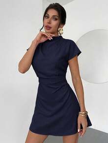 Aloruh Women's Minimalist Ruched A-Line Mini Dress, Suitable For Commuting In Summer,Dresses For Women Summer - Navy Blue - View 6