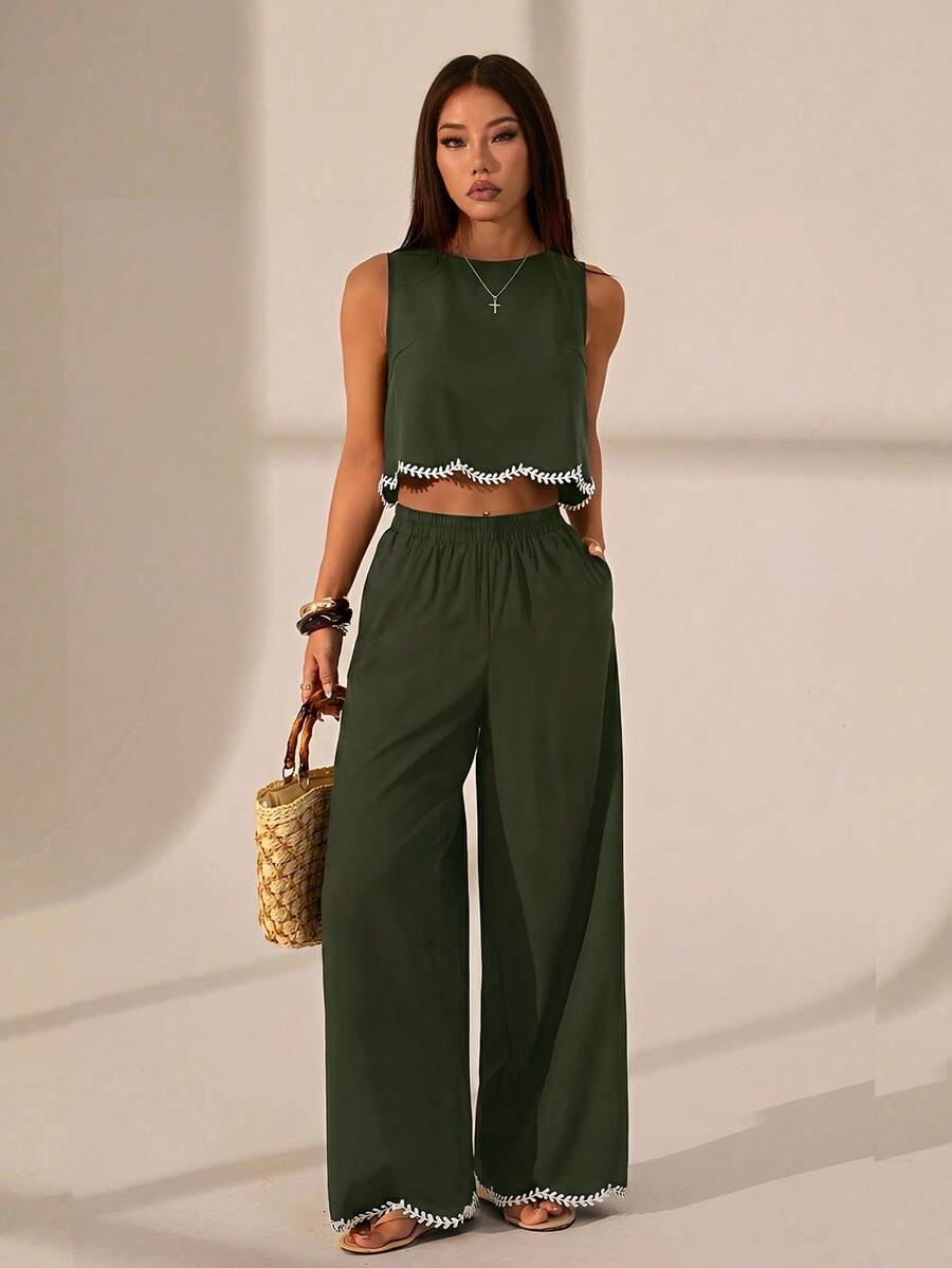 SHEIN PETITE 女款時尚度假休閒對比色蕾絲飾邊上衣與長褲兩件套,四季皆宜,適合嬌小女性 - 墨綠色 - 查看 1