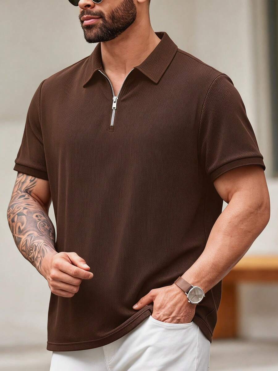 EASEVO Kemeja Polo Pria Ukuran Besar Warna Polos Modis Kasual Cerdas Serbaguna untuk Kantor Cokelat Tua Musim Panas - Coffee Brown - View 1