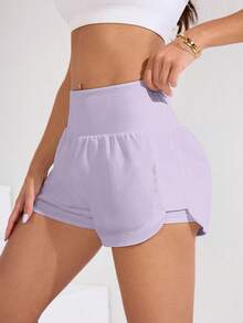 SHEIN Sovereign Charm Celana Pendek Olahraga Wanita Warna Polos dengan Kantong di Pinggang - Mauve Purple - View 5