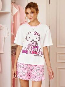 HELLO KITTY AND FRIENDS | SHEIN Women's Cartoon Print Short Sleeve Top And Shorts Pajama Set - Baby Pink - View 4