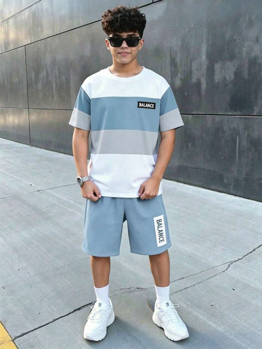 Teen Boy Casual Minimalist Short Sleeve Crew Neck T-Shirt And Shorts Set, Suitable For Summer - Multicolor - View 1