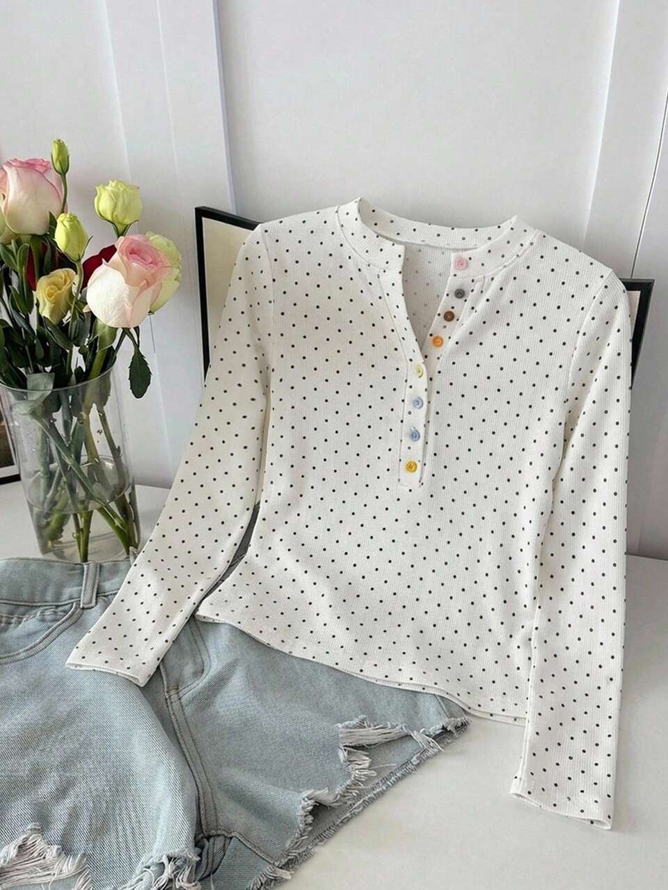 Women's Slim Fit Short Sleeve T-Shirt, Polka Dot White With Colorful Button Decor, Casual Street Sport Music Festival Style, Spring Summer Long Sleeve