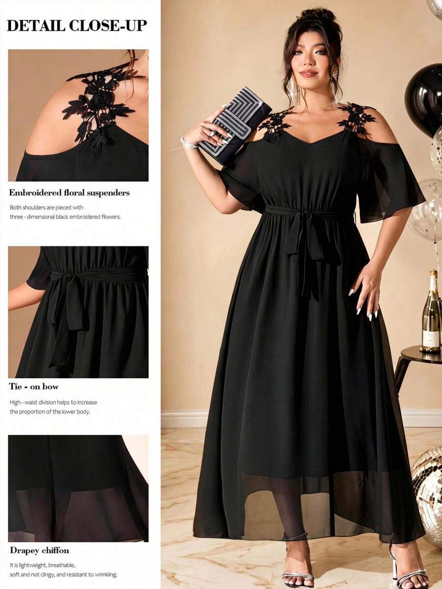 Cravure 1pc Lace Patchwork Sweetheart Neck Cold Shoulder Ruffle Hem Cinched Waist A-Line Midi Dress, Fashionable & Elegant, Suitable For Spring/Summer, Plus Size