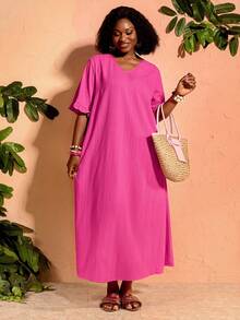 BrightlyHer Plus Size Magenta Dress Long Casual Vacation Summer Spring Clothing Beach Outfits For Women - Hot Pink - View 5