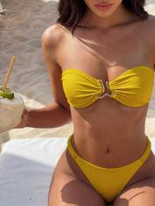 Swim Vcay 女款夏季純色抹胸比基尼套裝，金屬裝飾與性感綁帶設計，兩件式套裝 - 黃色 - 查看 1