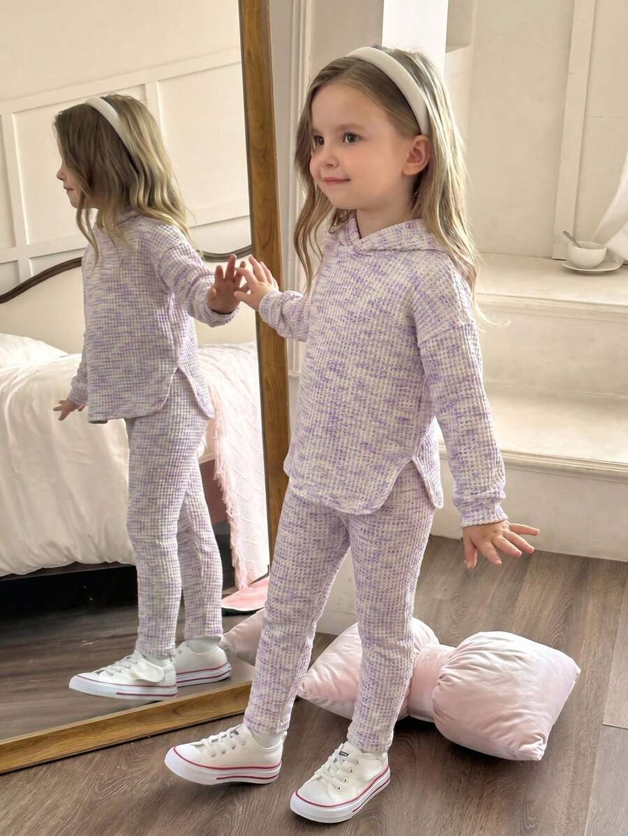 Elladie kids 女童新款彩虹糖果色連帽長袖上衣與鬆緊腰休閒寬鬆軟針織長褲2件套,春/秋季 - 淡紫色 - 查看 1