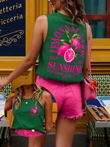 DrmWander Plus Size Vacation Casual Lemon Print Tank Top - Green - View 1