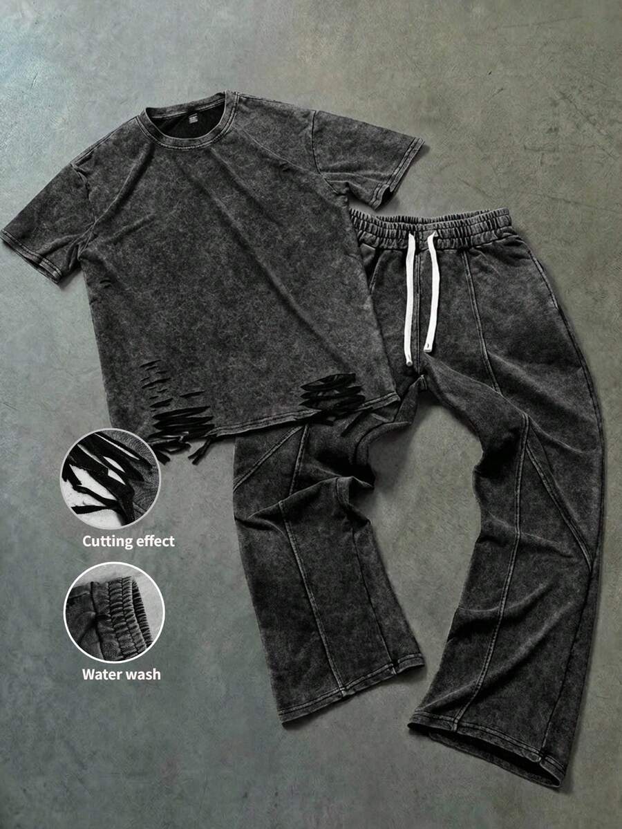 PAVTROS Men's Plus Size Crew Neck Short Sleeve T-Shirt Set - Black - View 1