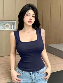 DAZY 寬肩帶加厚內墊背心 素色百搭女款四季基礎內搭層 - 藏蓝色 - 查看 6