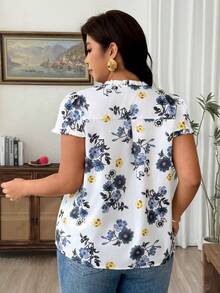 Weeklong Plus Size Women's V-Neck Floral Print Casual Elegant Versatile Daily Wear Blouse Brunch Office Blue And White Summer - Multicolor - View 2
