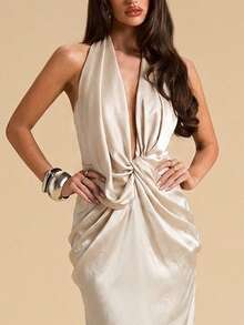 SHEIN BAE Cream Satin Halter Ruched Dress, Brunch Dinner Party Night Wedding Guest Attire, Social Occasion Gown, Summer Long Birthday Mini Elegant Sexy - Apricot - View 5