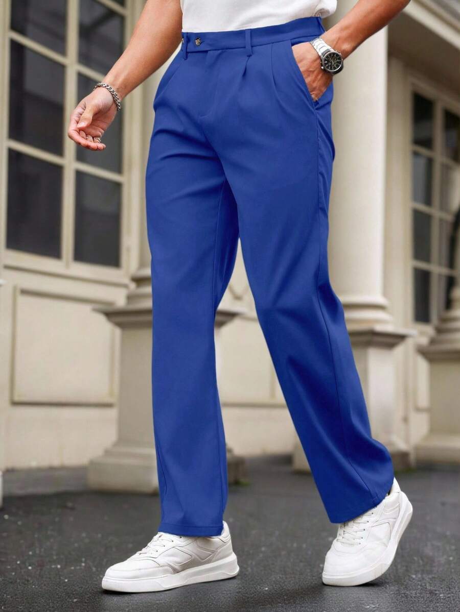 Manfinity Homme Men's Solid Color Casual Straight Leg Pants With Pockets, Versatile For Daily Wear And Travel - Royal Blue - View 1