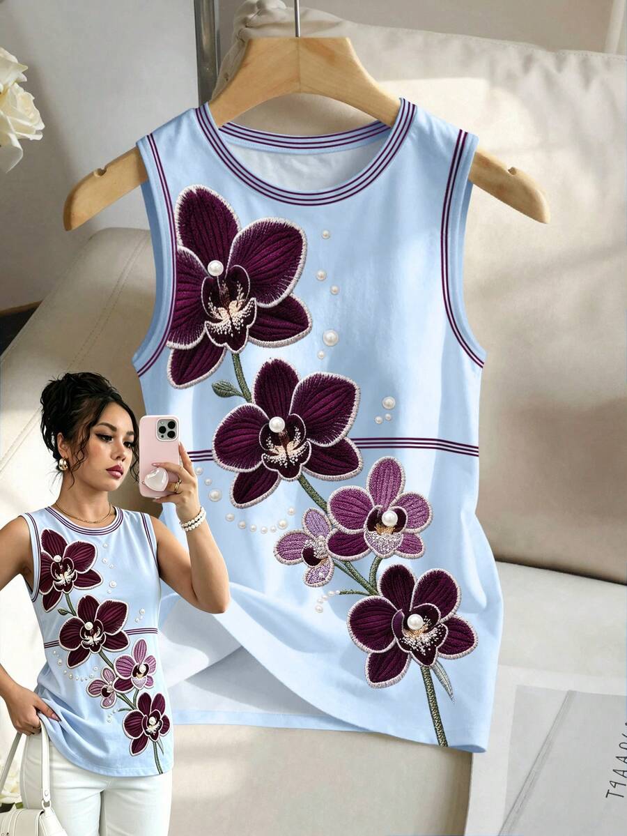 SHEIN Elenzya 女款人造花卉對比泡泡珠圓領無袖背心,舒適珠飾休閒上衣,適合日常穿著 - 彩色 - 查看 1