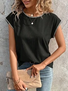 SHEIN LUNE 女款休閒純色蝙蝠袖刺繡飾邊T恤，夏季休閒款 - 黑色 - 查看 3
