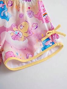SHEIN X Care Bears 2件組可愛趣味風女童幼兒居家服，圓領短袖上衣與短褲舒適套裝，Carebear聯名女童幼兒居家服 - 淺粉色 - 查看 9