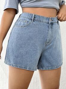 Elaquor Shorts de mezclilla de cintura alta para tallas grandes, shorts estilo mamá - Lavado ligero - Ver 3