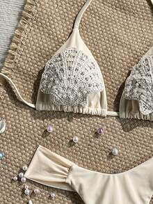 Swim Mod 2-Piece Set Spring/Summer Vacation Solid Color Woven Pearl Shell Decor Triangle Cup Bra And Side-Tie Ruched Bikini Bottom Sexy Women's Swimwear Set - Apricot - View 1