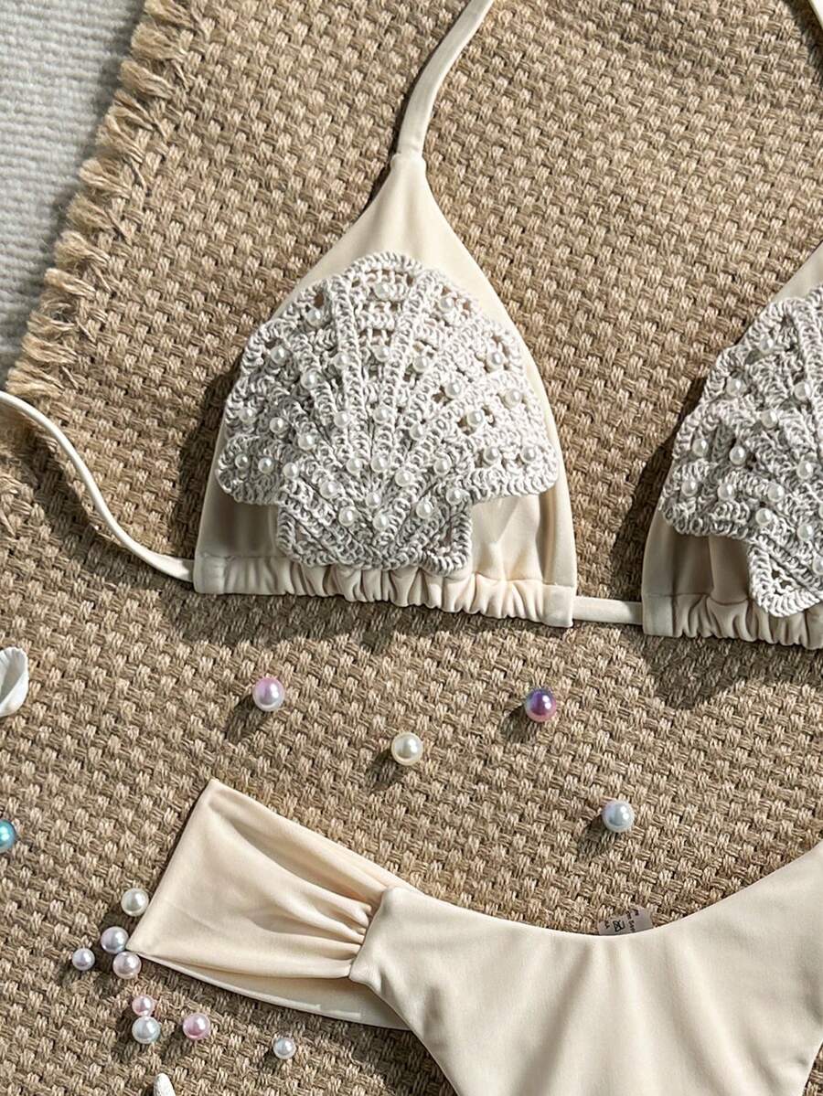 Swim Mod 2-Piece Set Spring/Summer Vacation Solid Color Woven Pearl Shell Decor Triangle Cup Bra And Side-Tie Ruched Bikini Bottom Sexy Women's Swimwear Set - Apricot - View 1