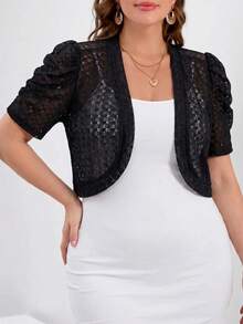 SHEIN Clasi Chaqueta corta de talla grande con manga de pétalo y frente abierto - Negro - Ver 3