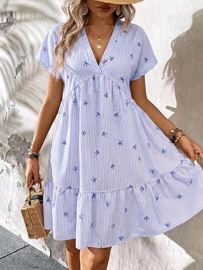 SHEIN LUNE Plus Size Women's V-Neck White Bow Print Casual Cute Party Vacation Going Out Dress Summer