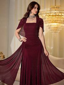 Modelyn Đầm dài ôm dáng không dây vai, tay bồng, chất liệu lưới và sợi bóng, thanh lịch dành cho nữ, thích hợp cho mùa xuân/thu. - Màu Đỏ Sâu - Xem 3